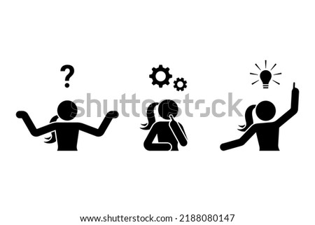 Stick figure woman problem solution reasoning vector illustration. Question, thinking, idea, insight, decision icon set