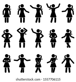 Stick figure woman standing front view different poses vector icon pictogram set. Black and white cut out people human silhouette