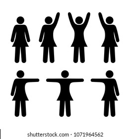 stick figure woman standing, waving hands, isolated pictogram, icon set gestures and poses