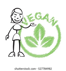 Stick figure woman vegan, Stickman vector drawing on white background