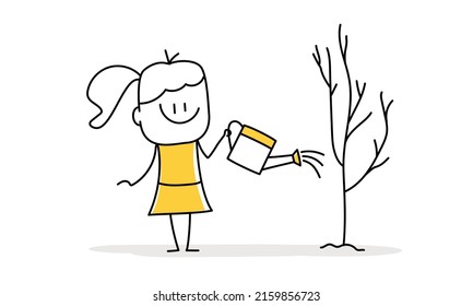 Stick figure, woman is watering young tree. Doodle style. Vector illustration.