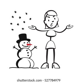 Stick figure woman in winter - what to wear? Stickman vector drawing on white background