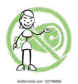 Stick figure woman without meat symbol, Stickman vector drawing on white background
