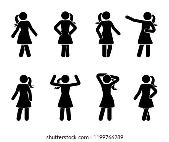 Stick figure women posing icon set. Standing young lady front view posture pictogram
