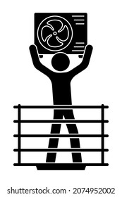 Stick figure, worker, installer of conditioning and air filtration systems, installs external unit. Maintenance of equipment. Simple black and white vector isolated on white background