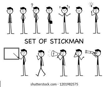 Stick figure working in office  presentation,stickman happy,man walking, confused, with phone, suitcase, sad, man idea, stickman megaphone, stickman with board, angry, Man looking through telescope