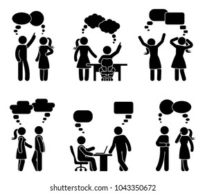 Stick figure workplace couple dialog bubbles set. Vector illustration of employee conversation on white
