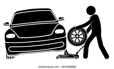 stick figure, workshop mechanic raised car on jack to change wheel. Lifting the car to change wheels before start of season. Black and white vector