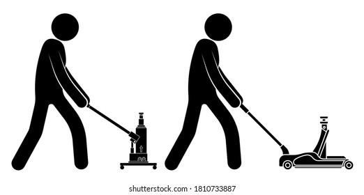 stick figure, workshop mechanic rolls a mechanical manual car jack. Belt in repair shops. Increased lift. Lifting the car to change wheels. Black and white vector