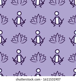 Stick figure yoga pose with lotus flower seamless vector pattern. Hand drawn peace zen and wellness background. Physical exercise fitness home decor. Health aerobics all over print. 
