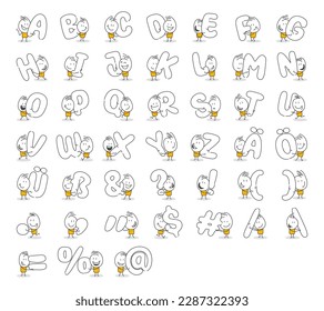 Stick figures. Alphabet. Isolated on white background. Hand drawn Doodle Line Art Cartoon Design character.