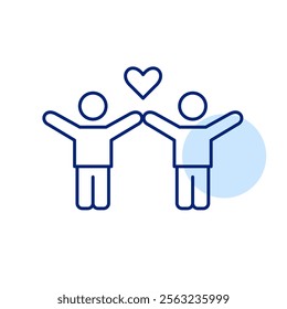 Stick figures with arms raised up and heart. Family, love, heartfelt connection. Charity events and community support. Pixel perfect, editable stroke icon