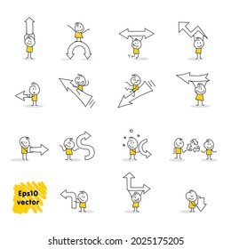 Stick figures. Arrow. Isolated on white background. It can be used for presentations, for explanation, as a mascot, for communication, to express emotions.