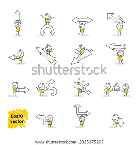 Stick figures. Arrow. Isolated on white background. It can be used for presentations, for explanation, as a mascot, for communication, to express emotions.