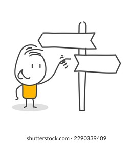 Stick figures. Arrow Steering Post. Isolated on white background. Hand drawn Doodle Line Art Cartoon Design character.