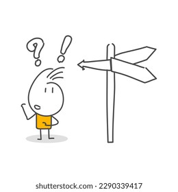 Stick figures. Arrow Steering Post. Isolated on white background. Hand drawn Doodle Line Art Cartoon Design character.