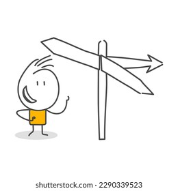 Stick figures. Arrow Steering Post. Isolated on white background. Hand drawn Doodle Line Art Cartoon Design character.