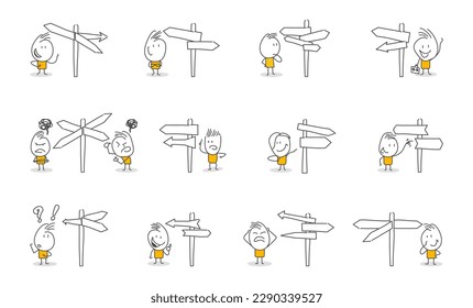 Stick figures. Arrow Steering Post. Isolated on white background. Hand drawn Doodle Line Art Cartoon Design character.