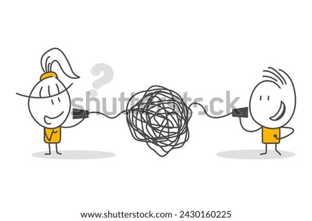 Stick figures. Bad communication, misunderstanding create confusion in work. Isolated on white background. Hand drawn doodle line art cartoon design character.