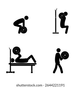 Figuras de palitos, exercícios de barbell em um banco e de pé sobre um fundo branco, ilustração vetor plana.