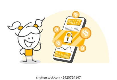 Palos. Bitcoin. Aislado sobre fondo blanco. Personaje de diseño de caricatura de dibujos animados dibujados a mano.