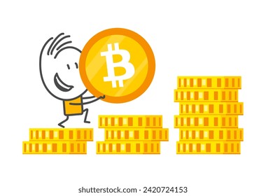 Stick figures. Bitcoin. Isolated on white background. Hand drawn doodle line art cartoon design character.