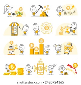 Stick figures. Bitcoin. Isolated on white background. Hand drawn doodle line art cartoon design character.