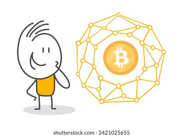 Stick figures. Bitcoin. Isolated on white background. Hand drawn doodle line art cartoon design character.