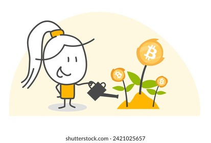 Stick figures. Bitcoin. Isolated on white background. Hand drawn doodle line art cartoon design character.