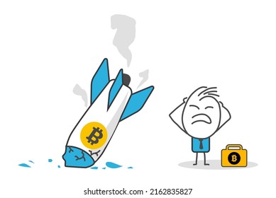 Stick figures. Bitcoin rocket crash. Crypto loss. Crypto market is declining, cryptocurrency volatility price rising and falling rapidly causing investor concept of big loss.