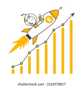 Stick figures. Bitcoin spaceship flying. Businessman flying on rocket in bitcoin price rising concept. Stock exchange business finance investment. Rising price and value metaphor.