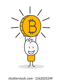 Stick figures. Bitcoins - bitcoin BTC the new virtual money. Online banking, Virtual cryptocurrency concept.