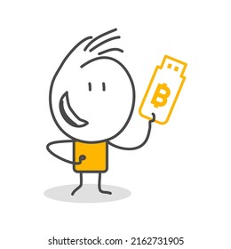 Stick figures. Bitcoins - bitcoin BTC the new virtual money. Online banking, Virtual cryptocurrency concept.