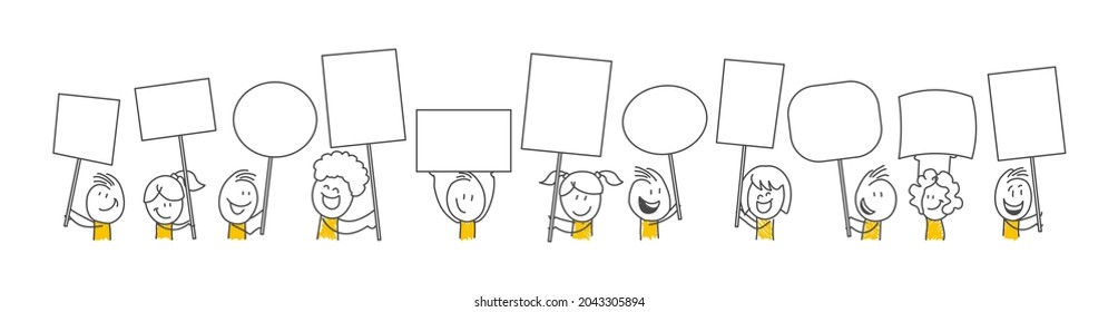 Stick figures. Blank banner set. Vector illustration of people holding blank. It can be used for presentations, for explanation, as a mascot, for communication, to express emotions.