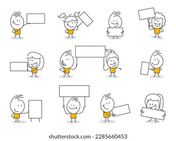 Stick figures. Blank banner set. Vector illustration of people holding blank. It can be used for presentations, for explanation, as a mascot, for communication, to express emotions.