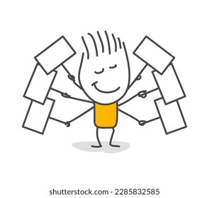 Palos. Cartel en blanco. Ilustración vectorial de un hombre con un cartel en blanco. Se puede usar para la presentación, para la explicación, como mascota, para la comunicación, para expresar emociones.