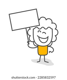 Palos. Cartel en blanco. Ilustración vectorial de un hombre con un cartel en blanco. Se puede usar para la presentación, para la explicación, como mascota, para la comunicación, para expresar emociones.