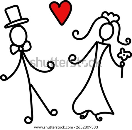Stick figures of bride and groom with a red heart symbol