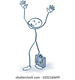 Stick figures with briefcase and having his arms in the air