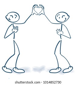 Stick figures building together a form of a heart with their hands 
