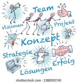 Stick figures and business concept, Letters with Konzept,
Strategie, Erfolg, Visionen, Team, Lösungen, means Concept, strategy, success, visions, team, solutions, 