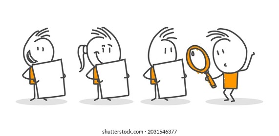 Stick figures. Business, magnifying glass, search. Isolated on white background. Hand drawn doodle line art cartoon design character. Nr.13