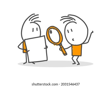 Stick Figures. Business, Magnifying Glass, Search. Isolated On White Background. Hand Drawn Doodle Line Art Cartoon Design Character. Nr.11