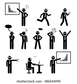 Stick figures business man set. Pictogram Icons of human poses