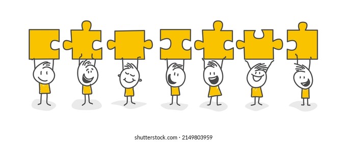 Stick figures. Business success. Stick figures smiling, holding to connect ideas in midair. Revive team spirit. Business concept. Vector.