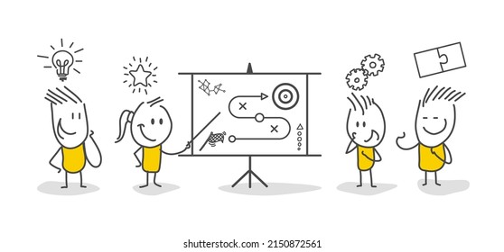 Stick figures. Business team planning for success tactics chart. Strategic planning. plan to overcome the challenge to achieve the goal. Concept of business success. Vector.