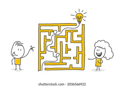 Stick figures. Businessman and businesswoman standing in front of a maze with a solution to success. Vector.