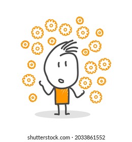 Stick figures. Businessman looking for solution about business, gear wheels around. Vector.
