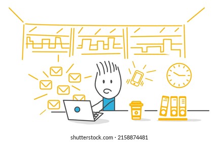 Stick Figures. Businessman Works On Laptop With Too Many Tasks. Multitasking Workload, Stress And Overwork Concept.