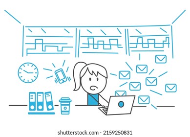 Stick Figures. Businesswoman Works On Laptop With Too Many Tasks. Multitasking Workload, Stress And Overwork Concept.